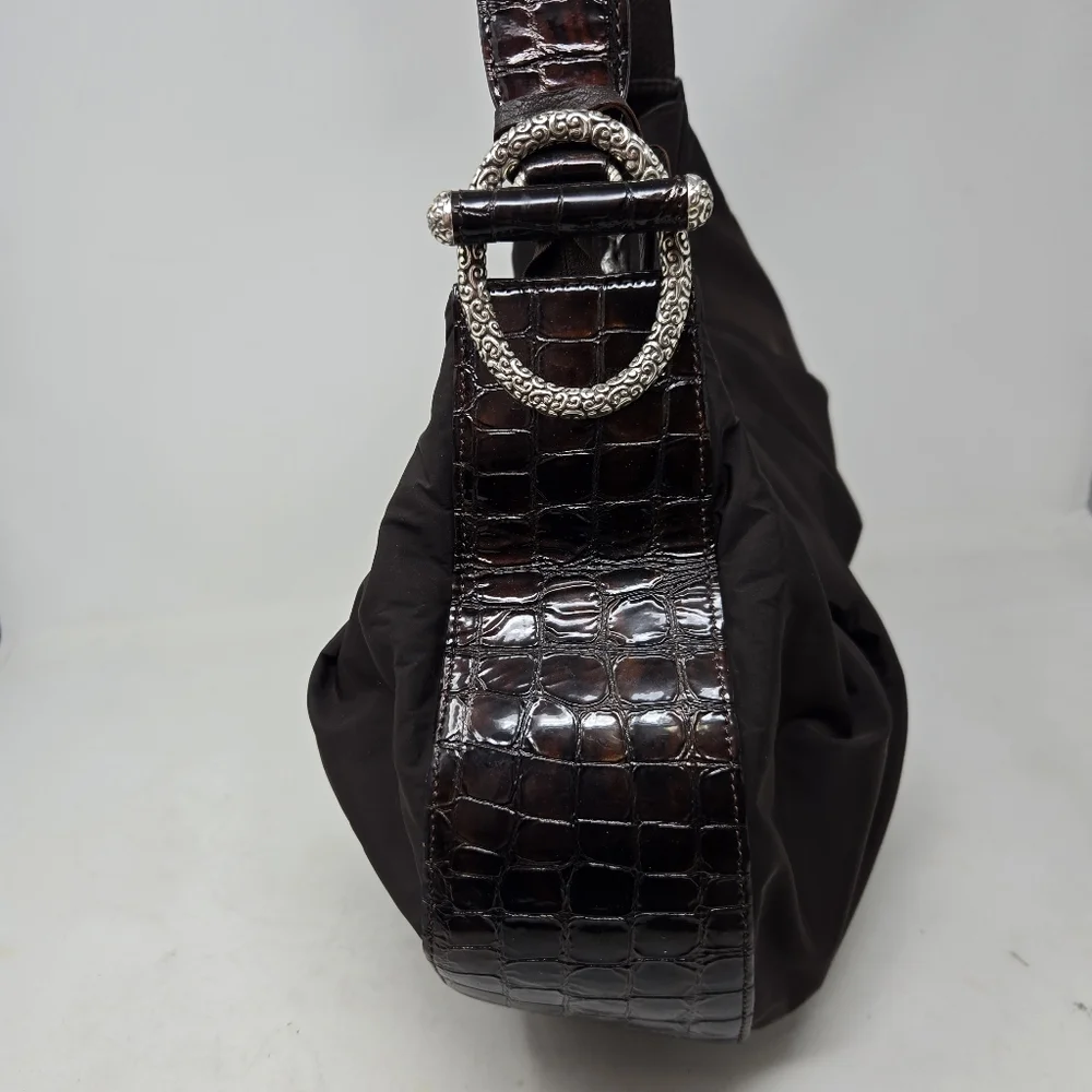 BRIGHTON Brown‎ Patent Leather Croc Embossed Nylon Hobo Purse Shoulder Bag Tote